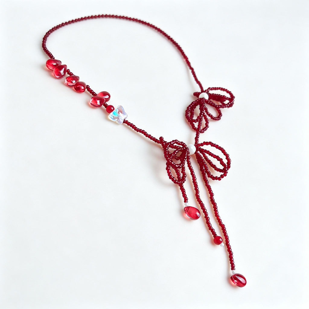 Handmade Red Seed Bead Bow Lariat Necklace | Double Bow Crystal Butterfly Pearl Drop Romantic