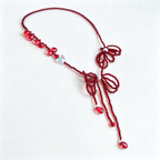 Handmade Red Seed Bead Bow Lariat Necklace | Double Bow Crystal Butterfly Pearl Drop Romantic
