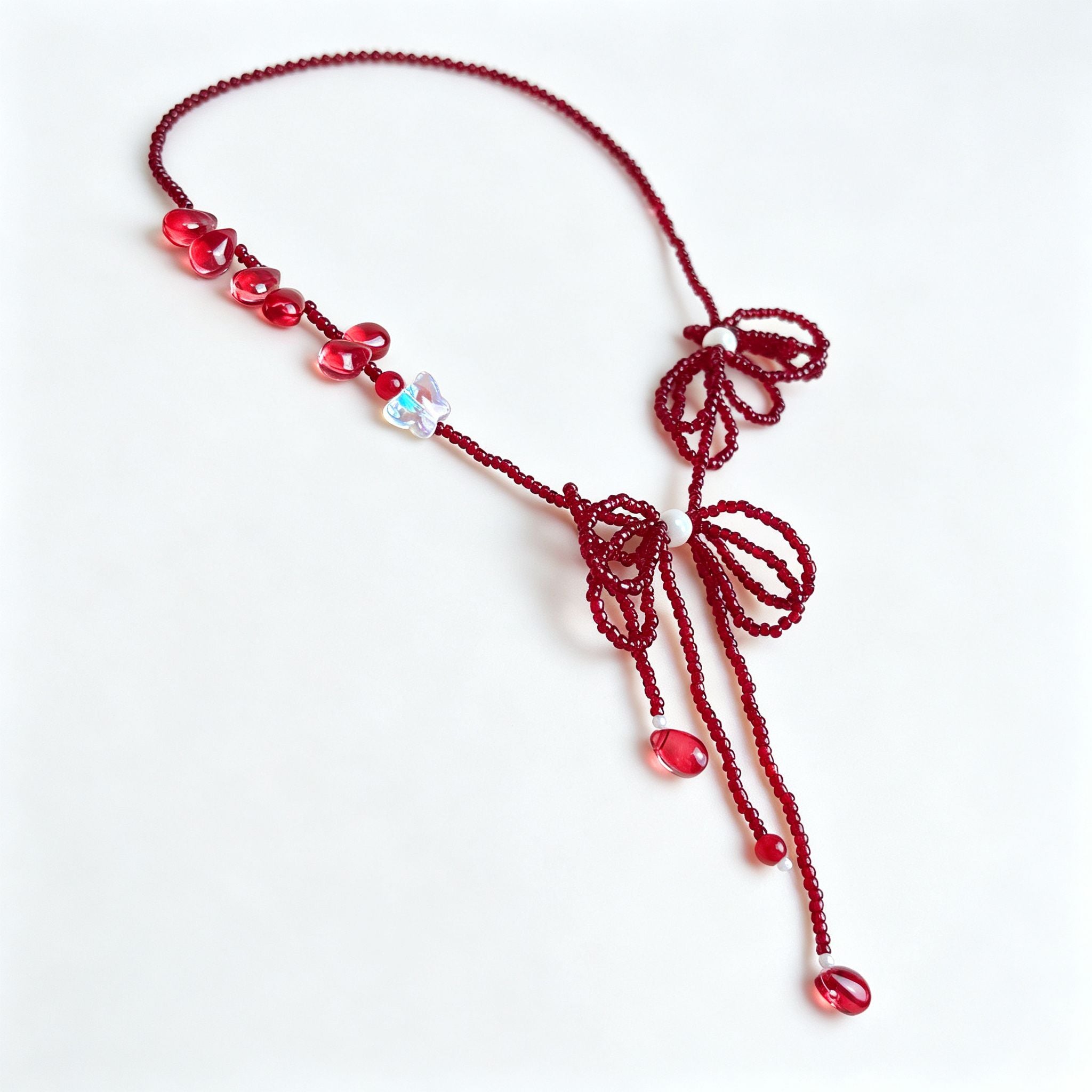 Handmade Red Seed Bead Bow Lariat Necklace | Double Bow Crystal Butterfly Pearl Drop Romantic