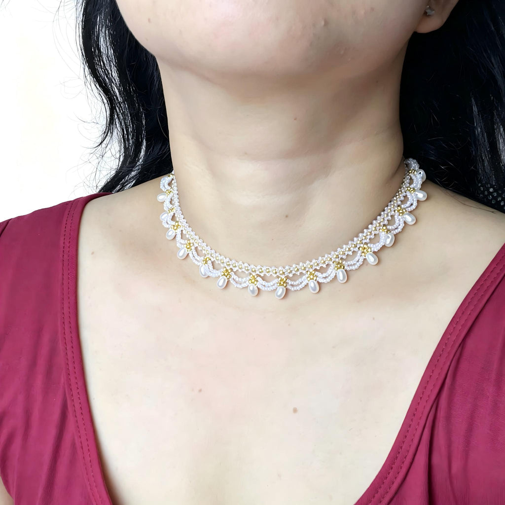 Handmade White & Gold Scallop Lace Beaded Choker Necklace | Pearl Drop Fringe Bridal Wedding Collar