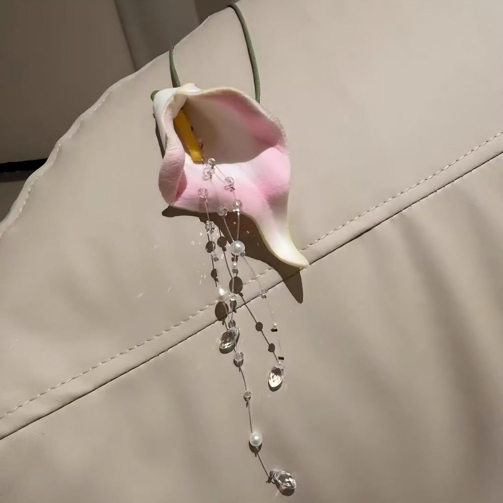 Handmade Pink Calla Lily Flower Lariat Necklace | Floating Pearl Crystal Diamond Drop Ethereal