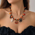 Halloween Pumpkin Skull Black Cat Charm Beaded Necklace | Orange Bead Black Crystal Trick or Treat Halloween Jewelry