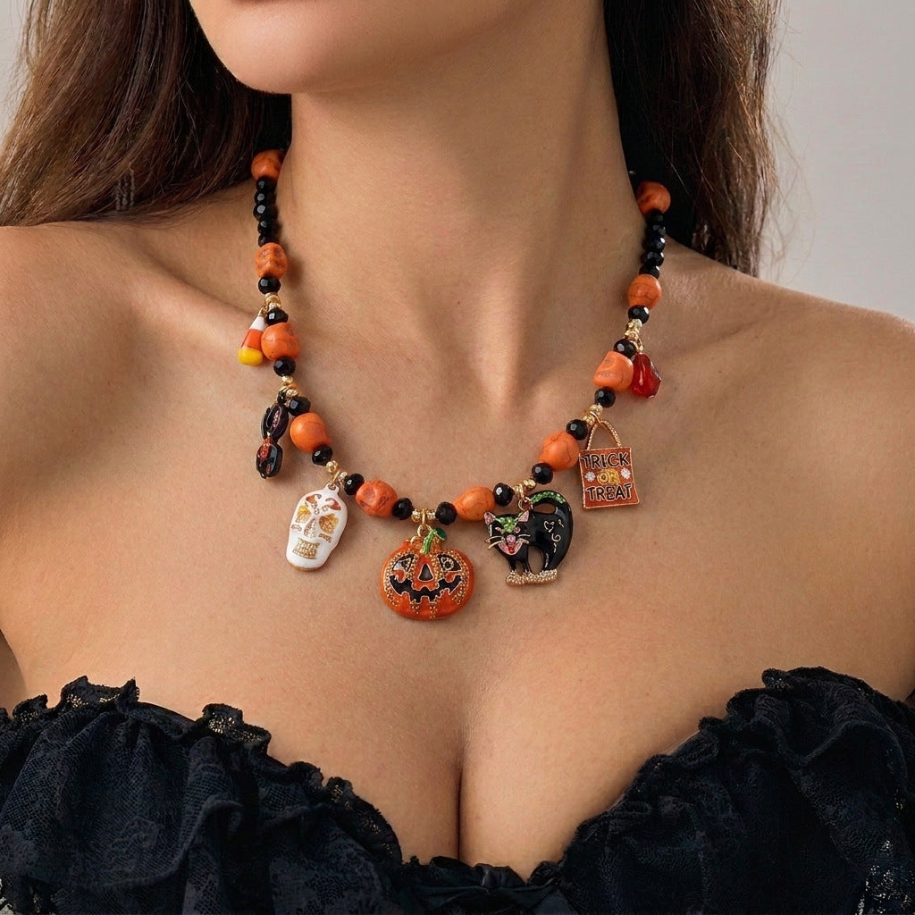 Halloween Pumpkin Skull Black Cat Charm Beaded Necklace | Orange Bead Black Crystal Trick or Treat Halloween Jewelry