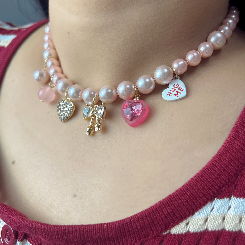 Handmade Pink Pearl Multi-Charm Choker Necklace | Diamond Heart Cherry Crystal Hug Me Y2K Kawaii