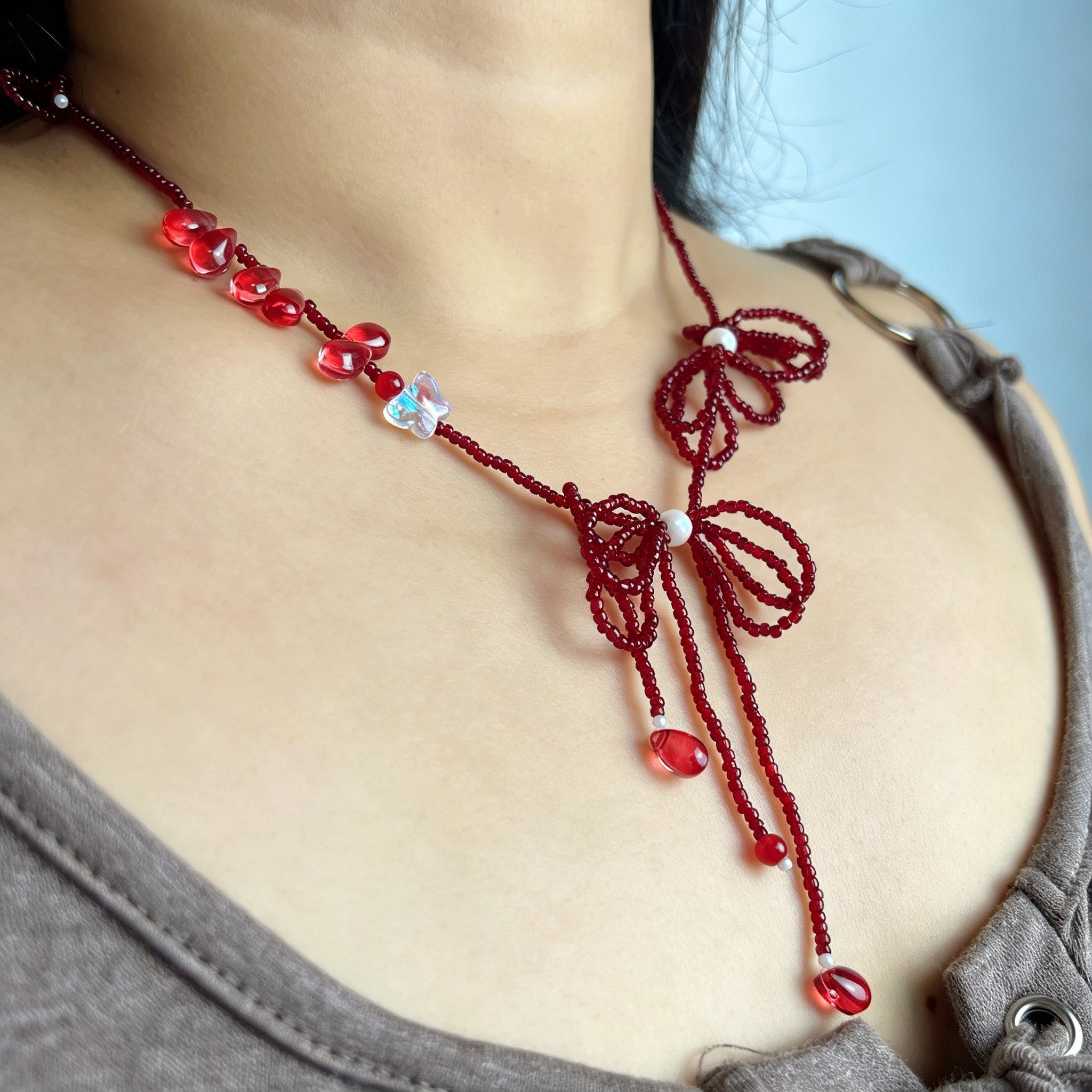 Handmade Red Seed Bead Bow Lariat Necklace | Double Bow Crystal Butterfly Pearl Drop Romantic