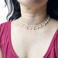Handmade White Lace Scallop Beaded Choker Necklace | Gold Bead Pearl Drop Bridal Collar