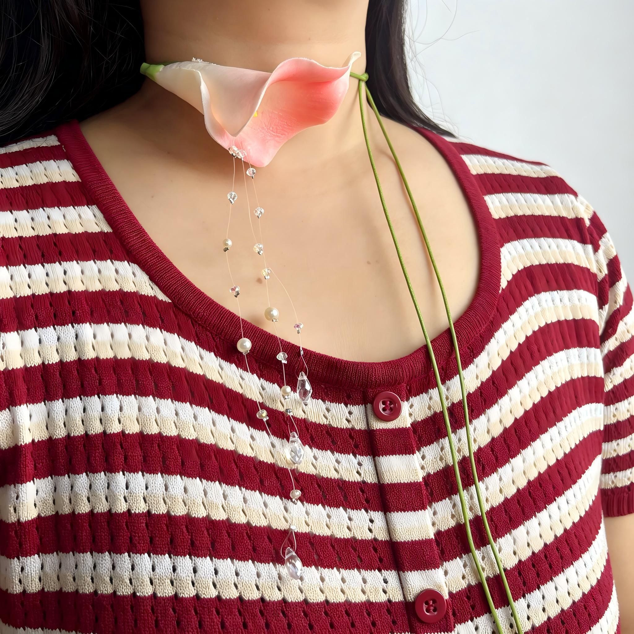 Handmade Pink Calla Lily Flower Lariat Necklace | Floating Pearl Crystal Diamond Drop Ethereal