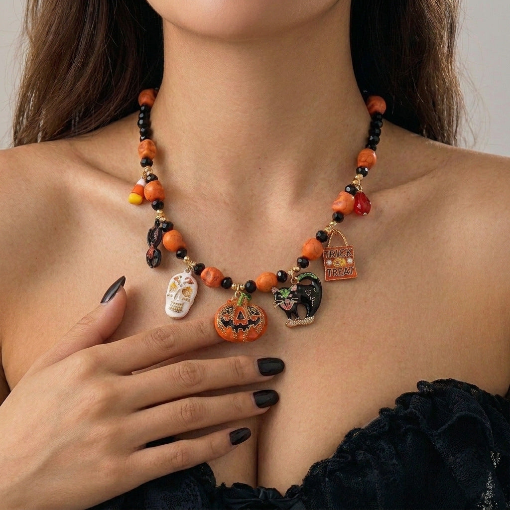 Halloween Pumpkin Skull Black Cat Charm Beaded Necklace | Orange Bead Black Crystal Trick or Treat Halloween Jewelry