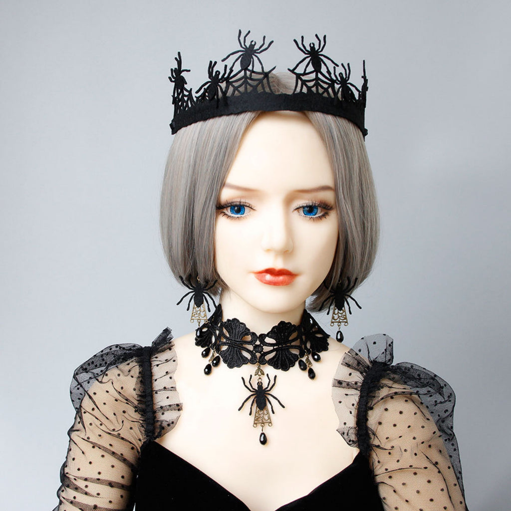 Halloween Gothic Black Spider Choker Necklace & Earrings Jewelry Set | Black Velvet Crystal Drop Dark Witch Halloween Costume Jewelry