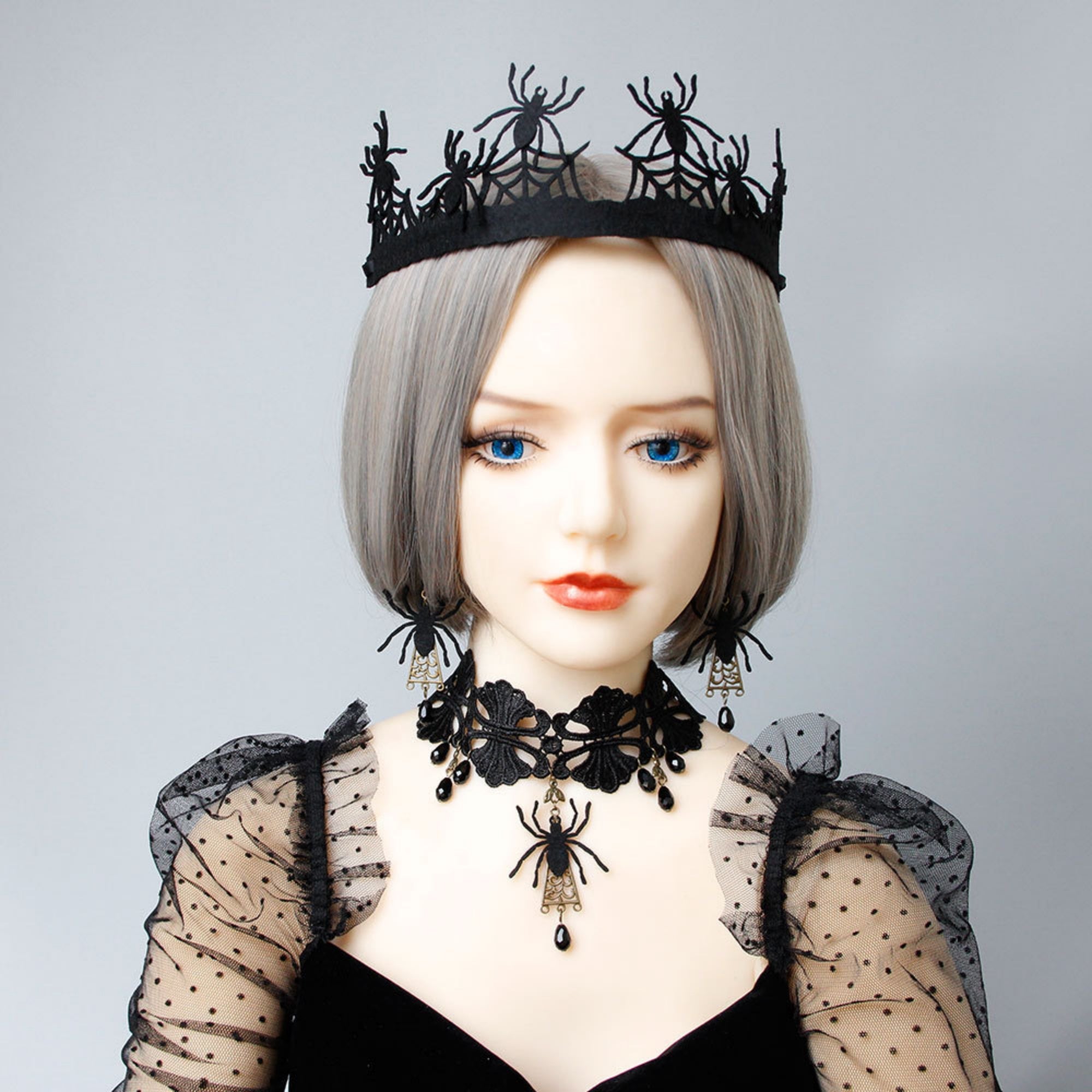 Halloween Gothic Black Spider Choker Necklace & Earrings Jewelry Set | Black Velvet Crystal Drop Dark Witch Halloween Costume Jewelry