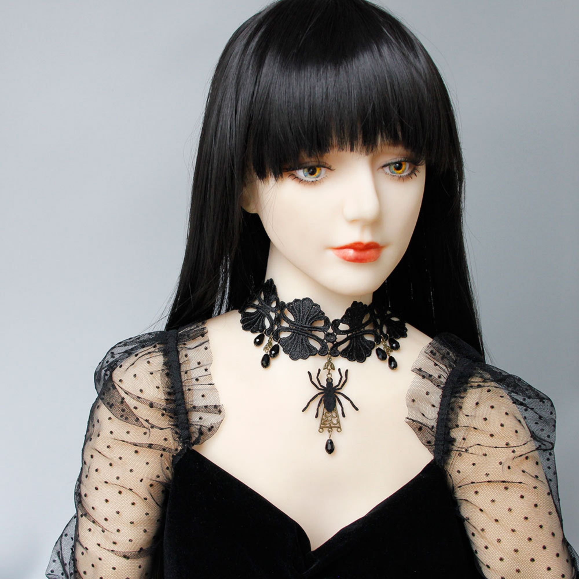 Halloween Gothic Black Spider Choker Necklace & Earrings Jewelry Set | Black Velvet Crystal Drop Dark Witch Halloween Costume Jewelry