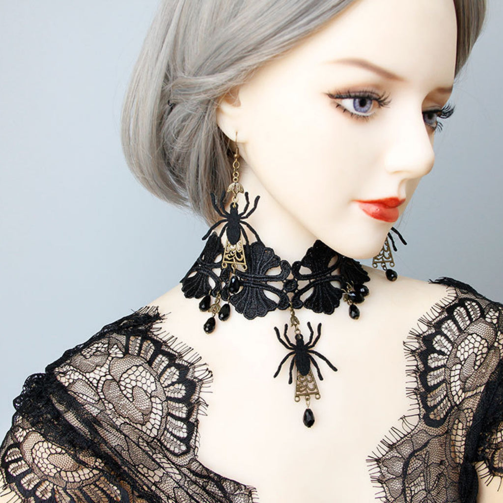 Halloween Gothic Black Spider Choker Necklace & Earrings Jewelry Set | Black Velvet Crystal Drop Dark Witch Halloween Costume Jewelry