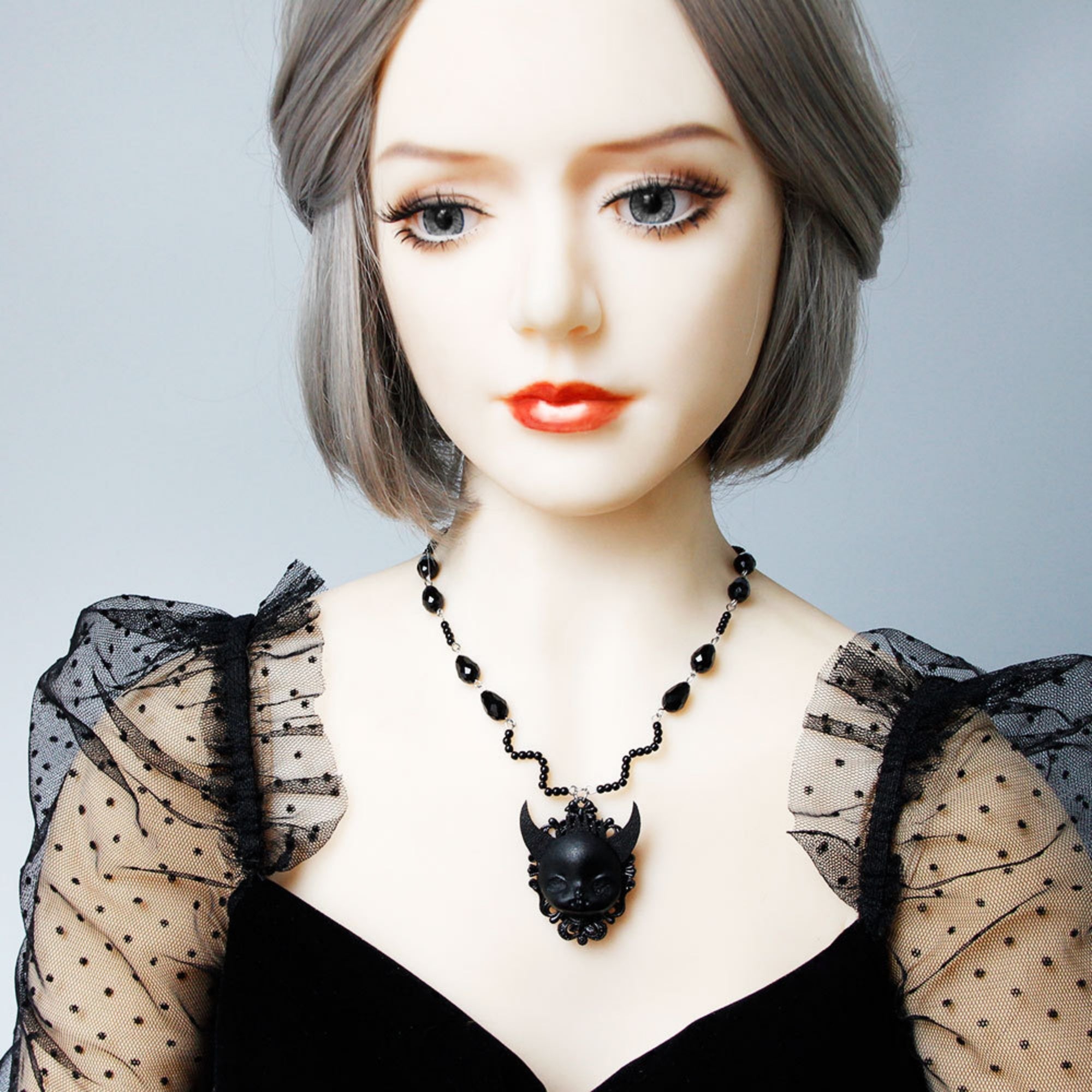 Halloween Black Crystal Bead Chain Demon Face Cameo Pendant Necklace | Gothic Y2K Dark Kawaii Devil Horns Floral Frame Vampire Halloween Costume Jewelry Gift