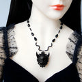 Halloween Black Crystal Bead Chain Demon Face Cameo Pendant Necklace | Gothic Y2K Dark Kawaii Devil Horns Floral Frame Vampire Halloween Costume Jewelry Gift