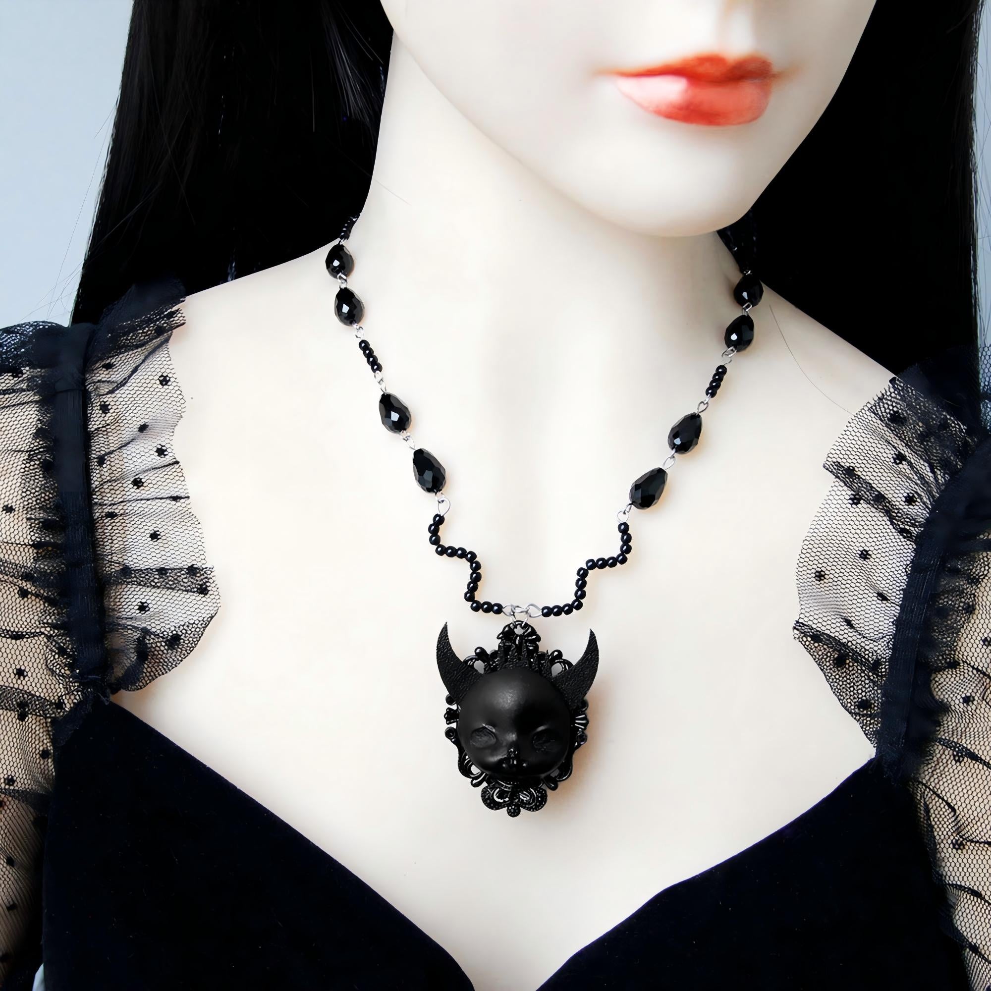 Halloween Black Crystal Bead Chain Demon Face Cameo Pendant Necklace | Gothic Y2K Dark Kawaii Devil Horns Floral Frame Vampire Halloween Costume Jewelry Gift