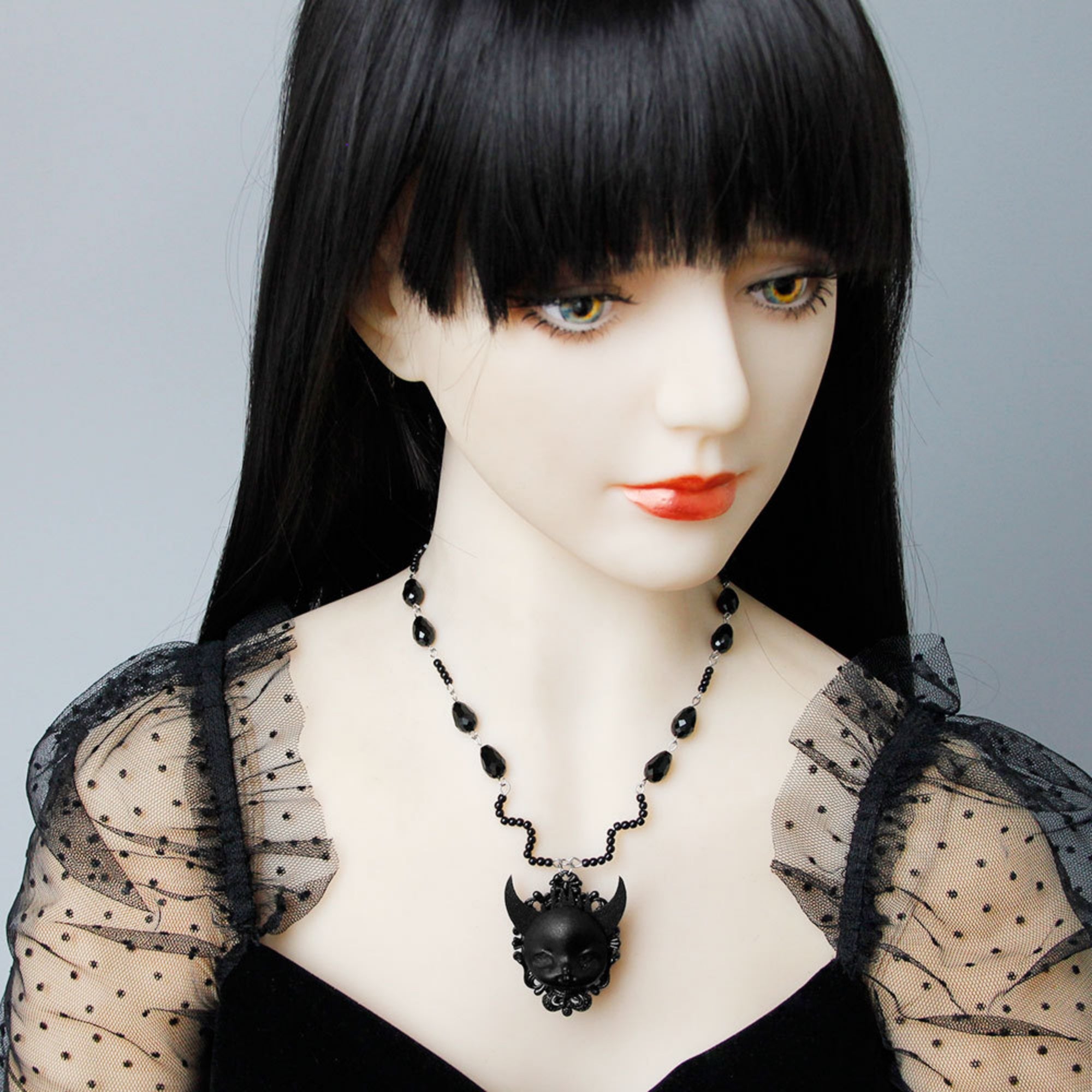 Halloween Black Crystal Bead Chain Demon Face Cameo Pendant Necklace | Gothic Y2K Dark Kawaii Devil Horns Floral Frame Vampire Halloween Costume Jewelry Gift