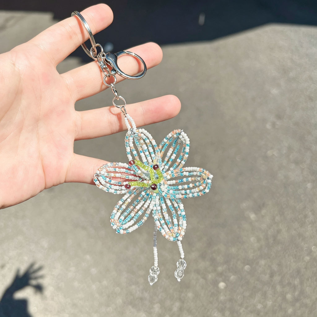 Handmade 3D White & Blue Multicolor Lily Flower Beaded Keychain | Crystal Drop Tassel Fairycore Bag Charm