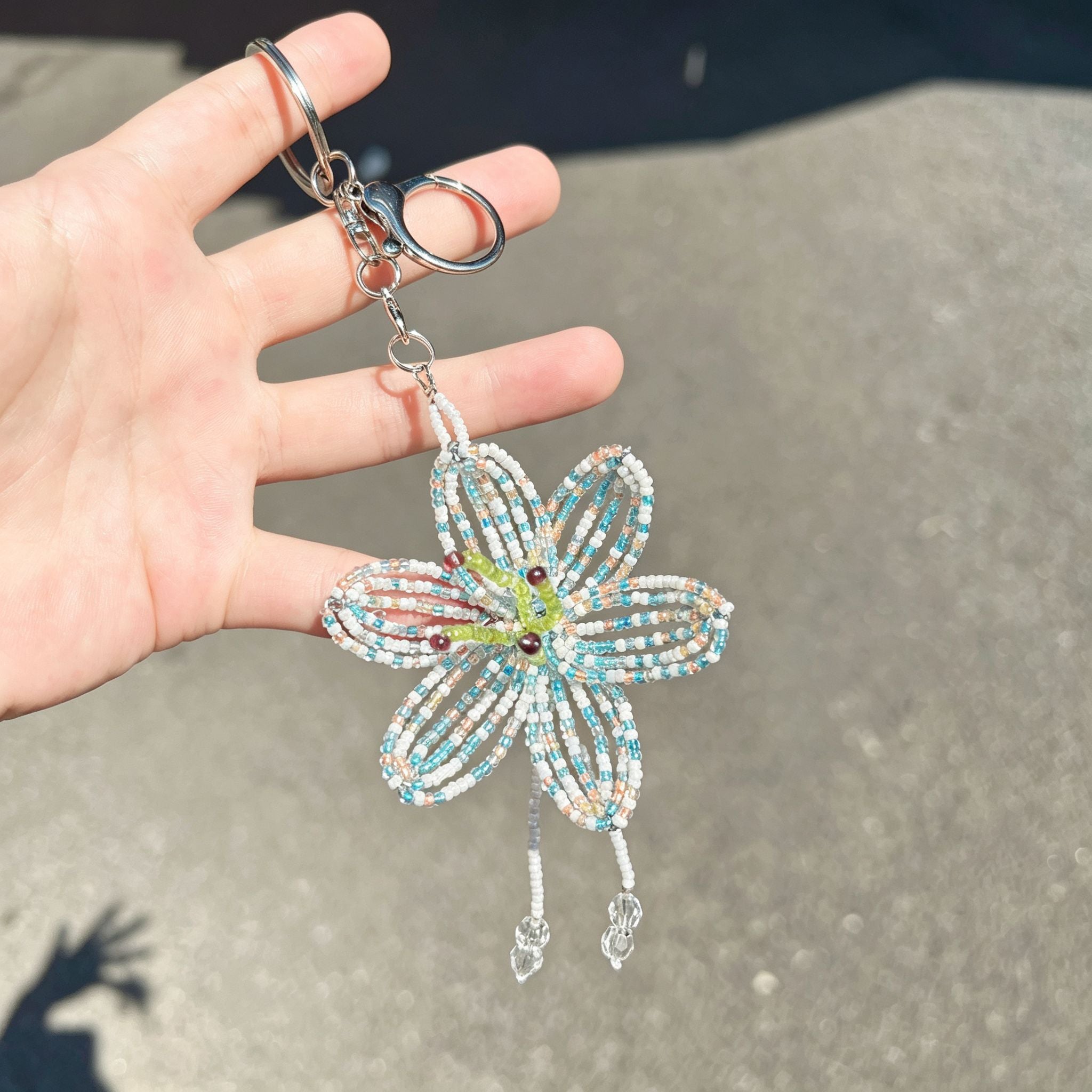 Handmade 3D White & Blue Multicolor Lily Flower Beaded Keychain | Crystal Drop Tassel Fairycore Bag Charm