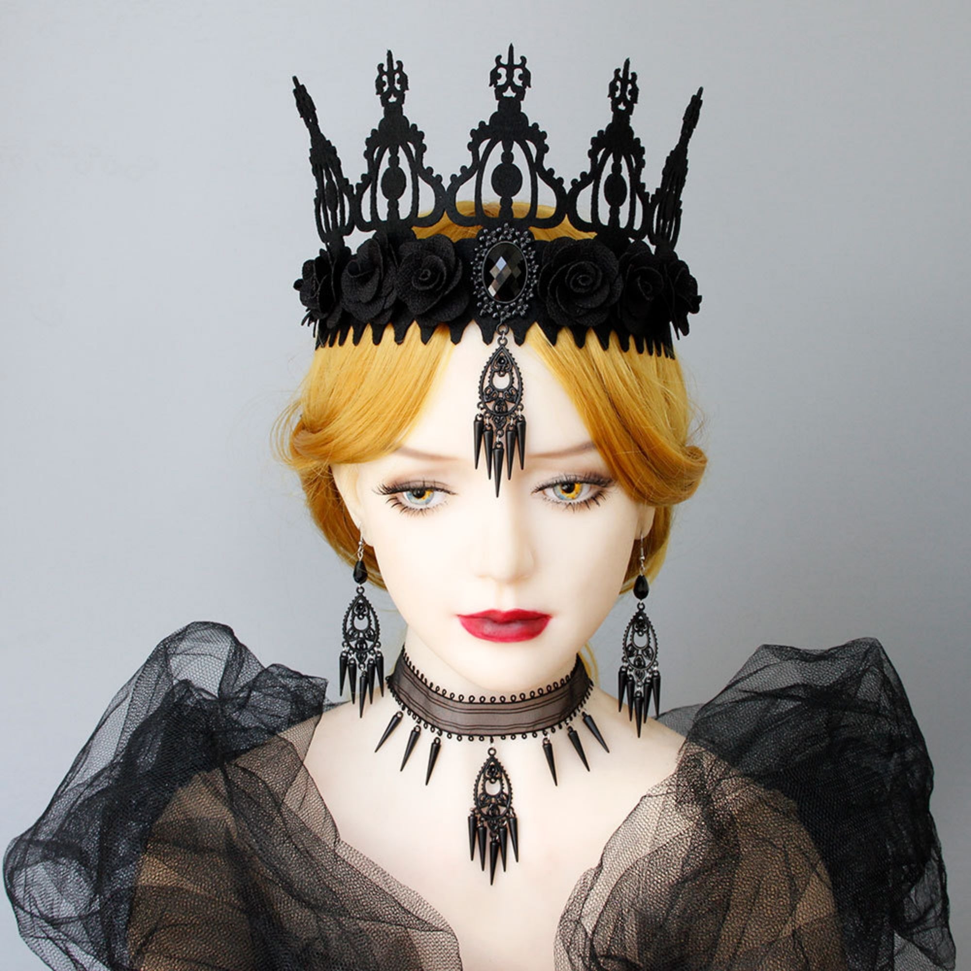 Halloween Black Mesh Choker Necklace | Gothic Spike Fringe Drop Pendant Vampire Dark Queen Halloween Costume Jewelry Gift