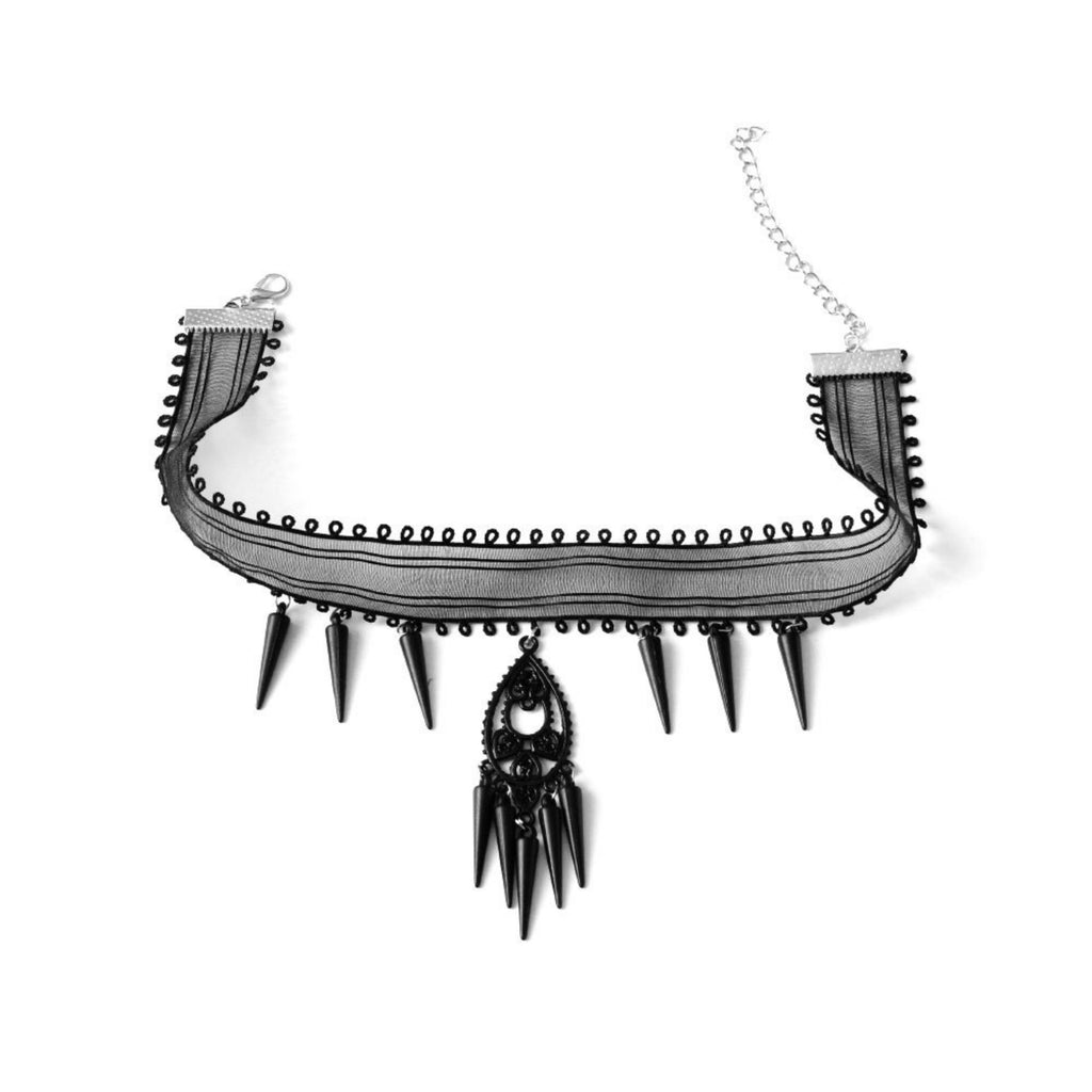 Halloween Black Mesh Choker Necklace | Gothic Spike Fringe Drop Pendant Vampire Dark Queen Halloween Costume Jewelry Gift