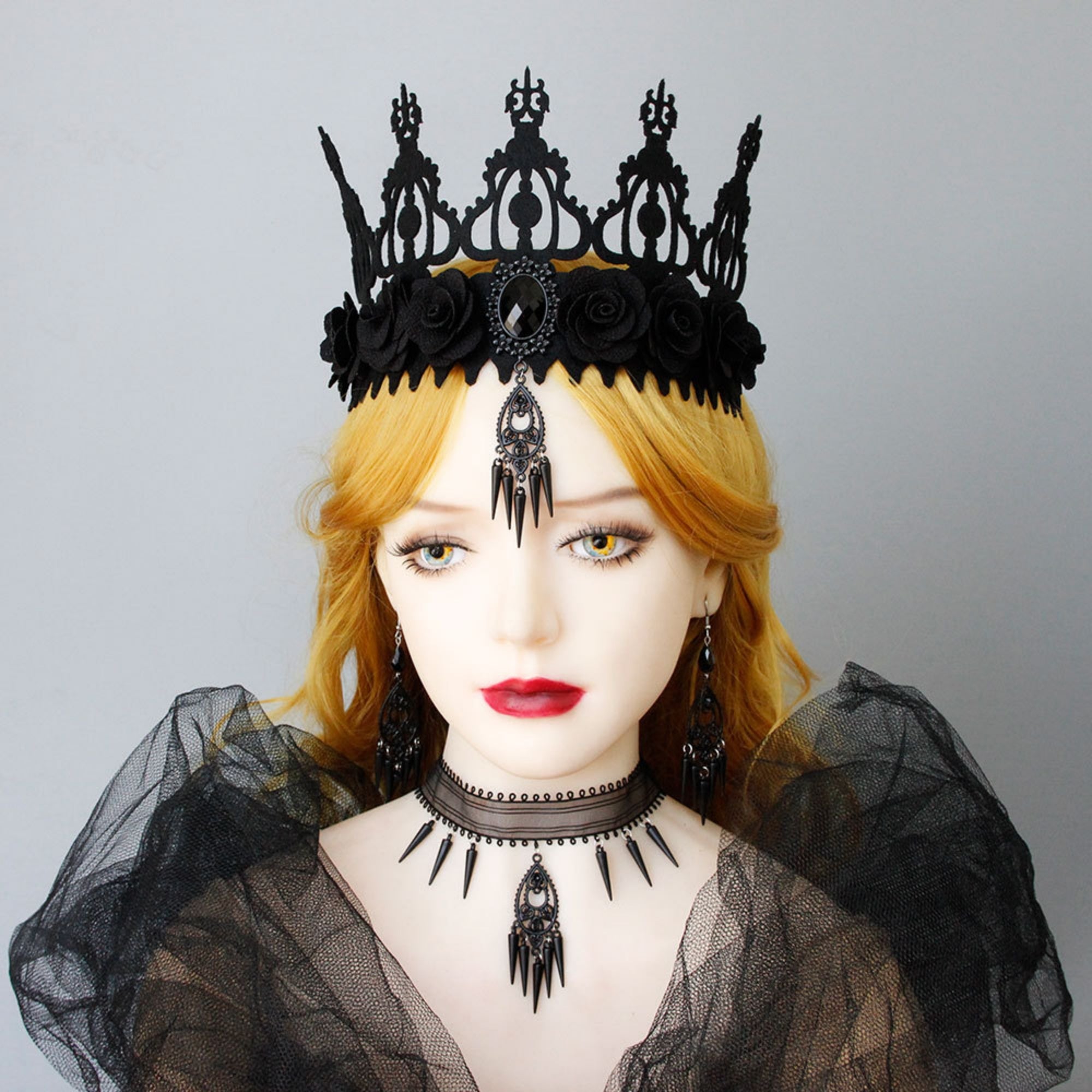 Halloween Black Mesh Choker Necklace | Gothic Spike Fringe Drop Pendant Vampire Dark Queen Halloween Costume Jewelry Gift