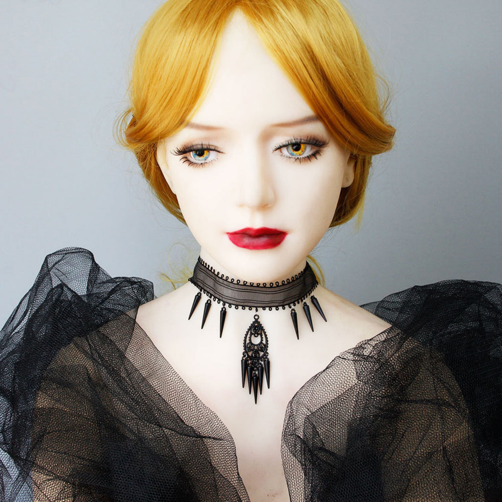Halloween Black Mesh Choker Necklace | Gothic Spike Fringe Drop Pendant Vampire Dark Queen Halloween Costume Jewelry Gift