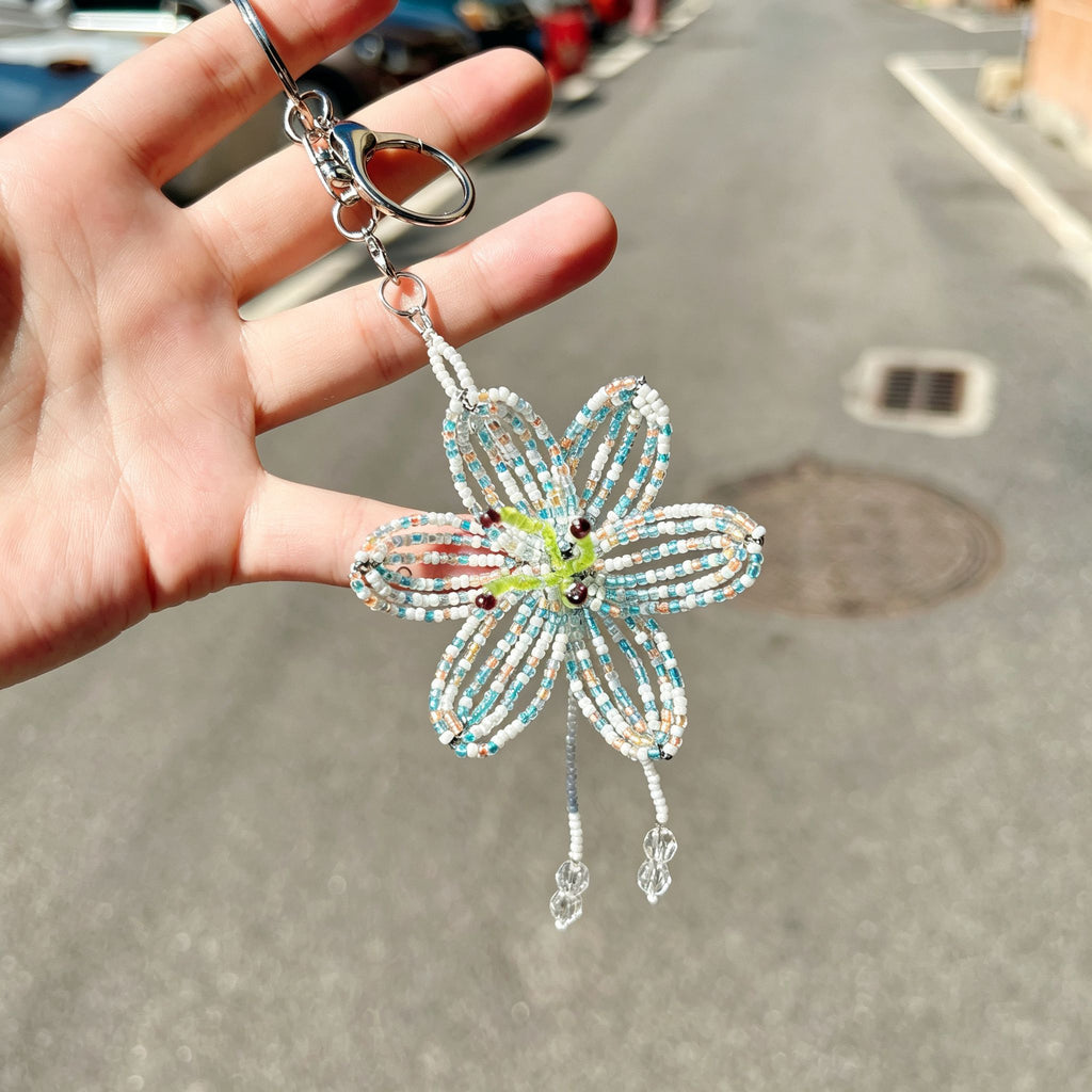Handmade 3D White & Blue Multicolor Lily Flower Beaded Keychain | Crystal Drop Tassel Fairycore Bag Charm