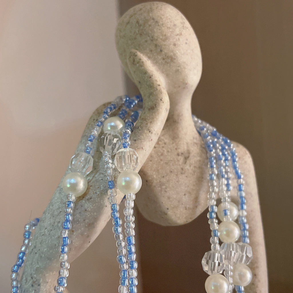 Handmade 3D Blue Starburst Beaded Flower Lariat Necklace | Teal Seed Bead Pearl Crystal Drop Fairycore