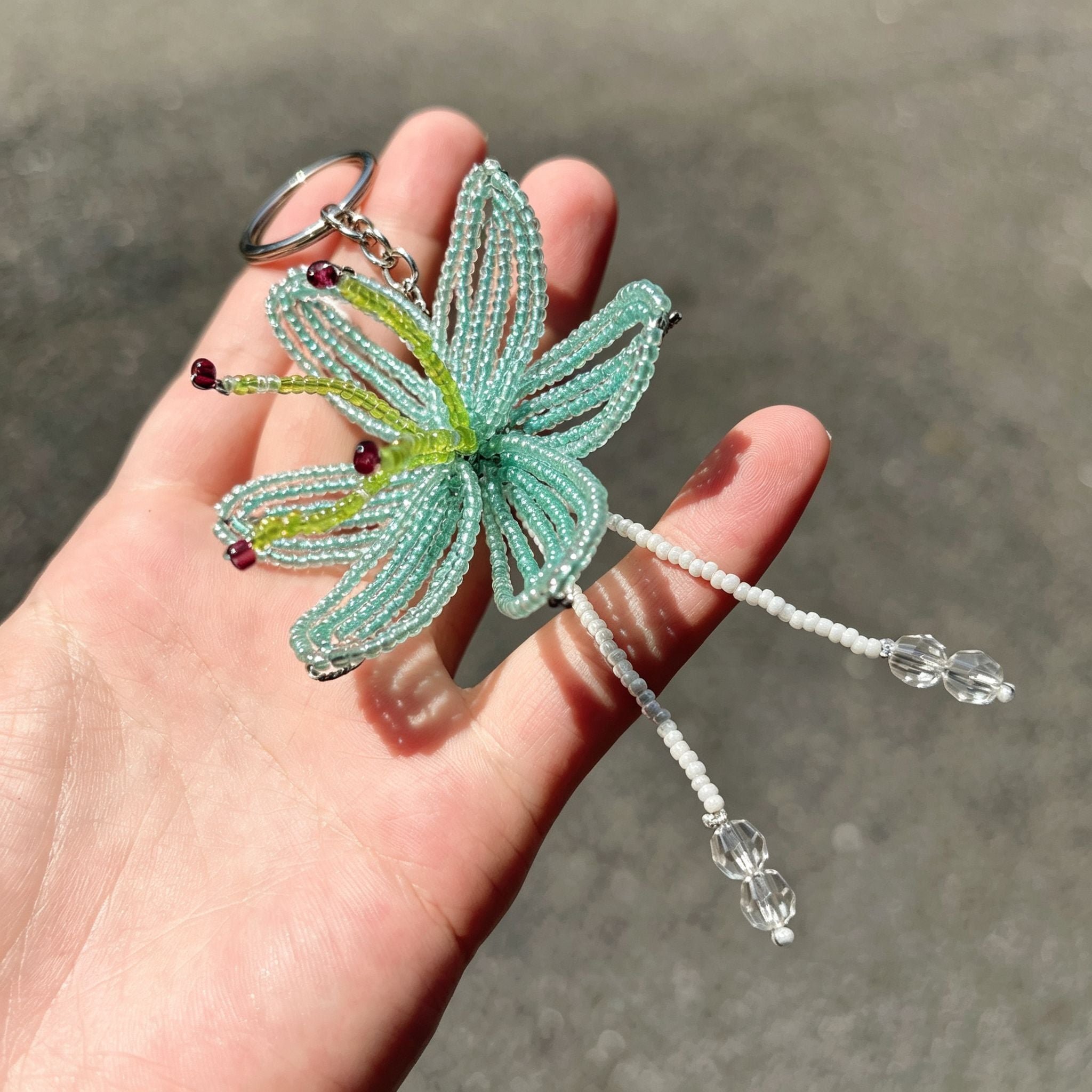 Handmade 3D Mint Green Transparent Lily Flower Beaded Keychain | Crystal Drop Tassel Fairycore Bag Charm