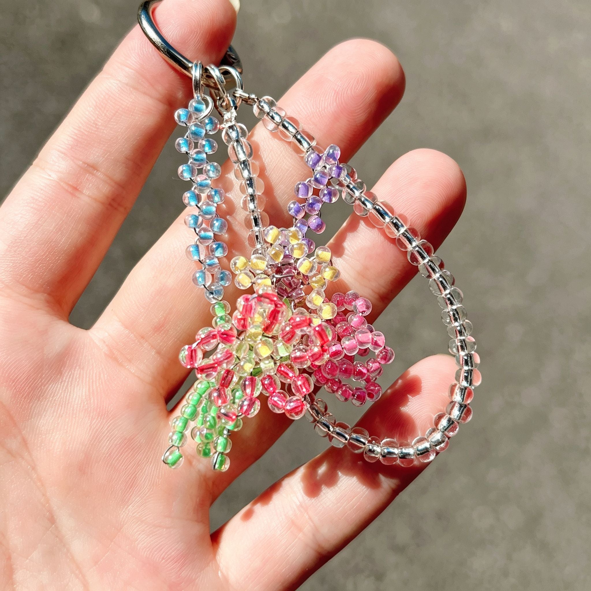 Handmade 3D Colorful Tulip Flower Bouquet Beaded Keychain | Pink Purple Yellow Green Kawaii Bag Charm