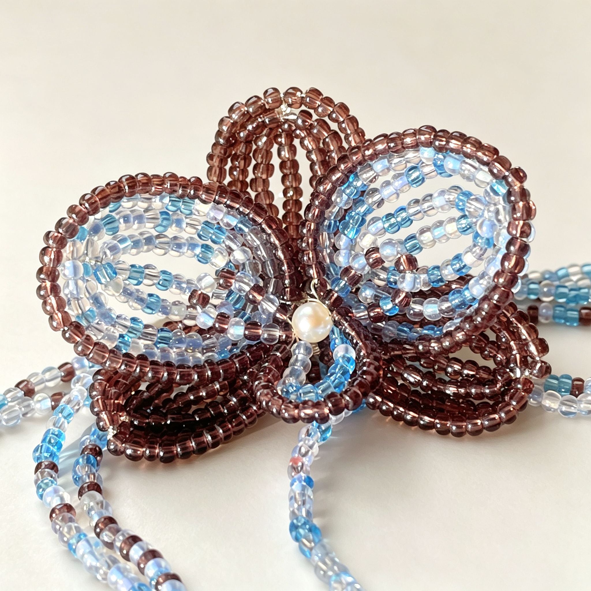 Handmade 3D Four-Petal Beaded Flower Lariat Necklace | Teal Brown Seed Bead Wearable Art