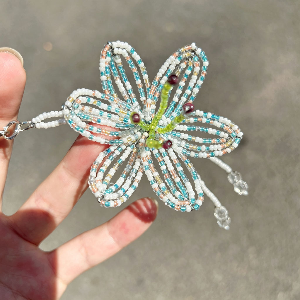 Handmade 3D White & Blue Multicolor Lily Flower Beaded Keychain | Crystal Drop Tassel Fairycore Bag Charm