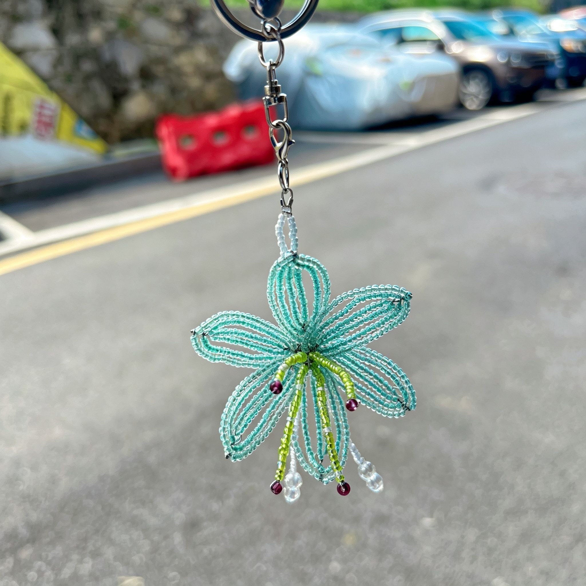 Handmade 3D Mint Green Transparent Lily Flower Beaded Keychain | Crystal Drop Tassel Fairycore Bag Charm
