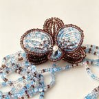 Handmade 3D Four-Petal Beaded Flower Lariat Necklace | Teal Brown Seed Bead Wearable Art