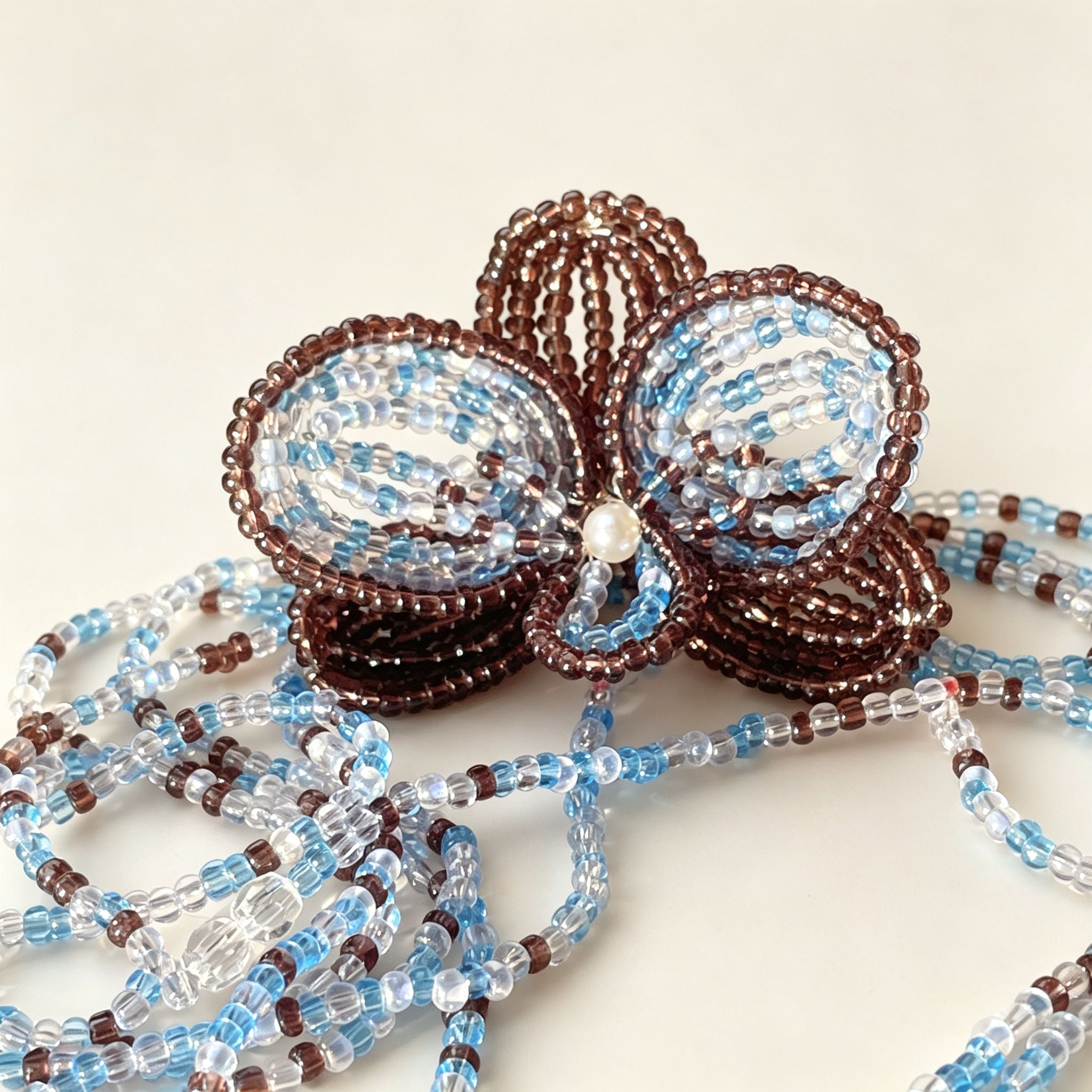 Handmade 3D Four-Petal Beaded Flower Lariat Necklace | Teal Brown Seed Bead Wearable Art