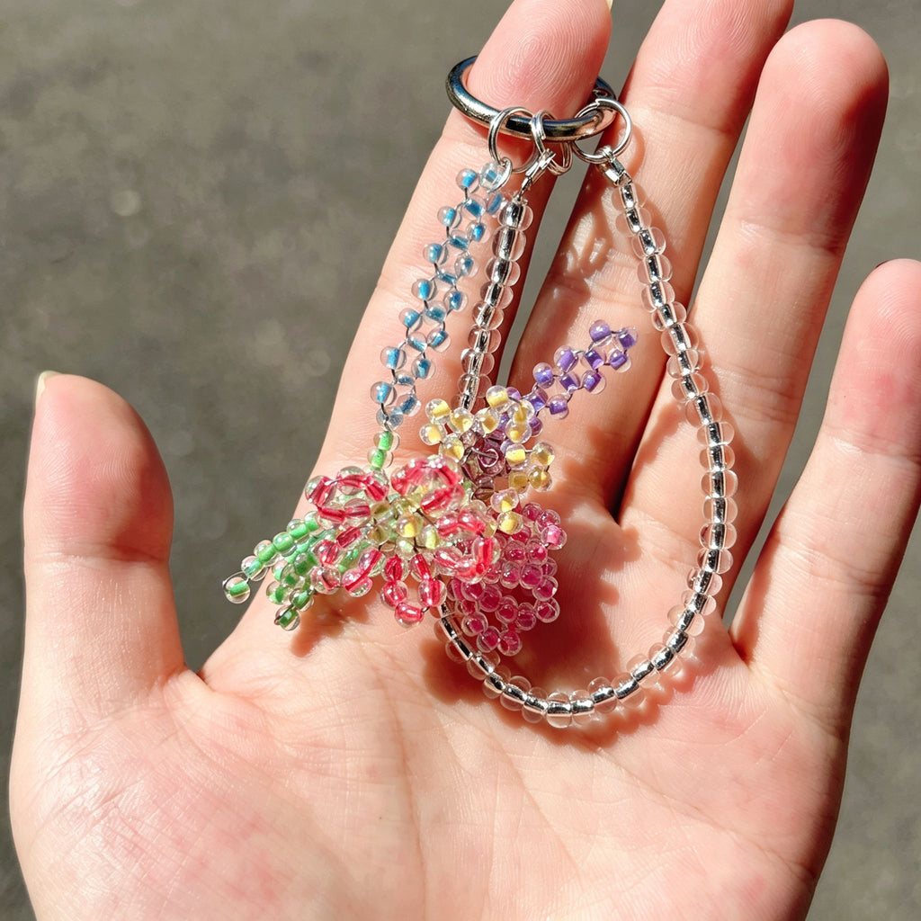 Handmade 3D Colorful Tulip Flower Bouquet Beaded Keychain | Pink Purple Yellow Green Kawaii Bag Charm