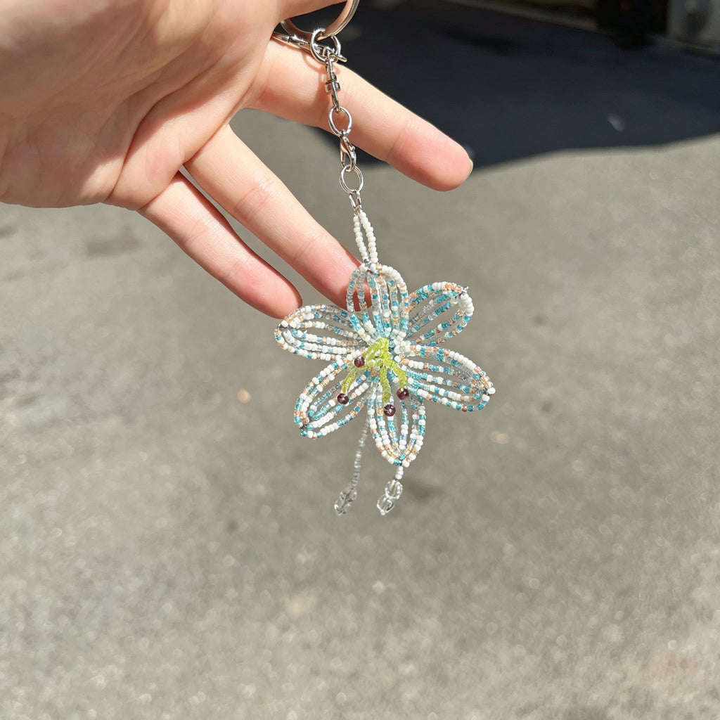 Handmade 3D White & Blue Multicolor Lily Flower Beaded Keychain | Crystal Drop Tassel Fairycore Bag Charm