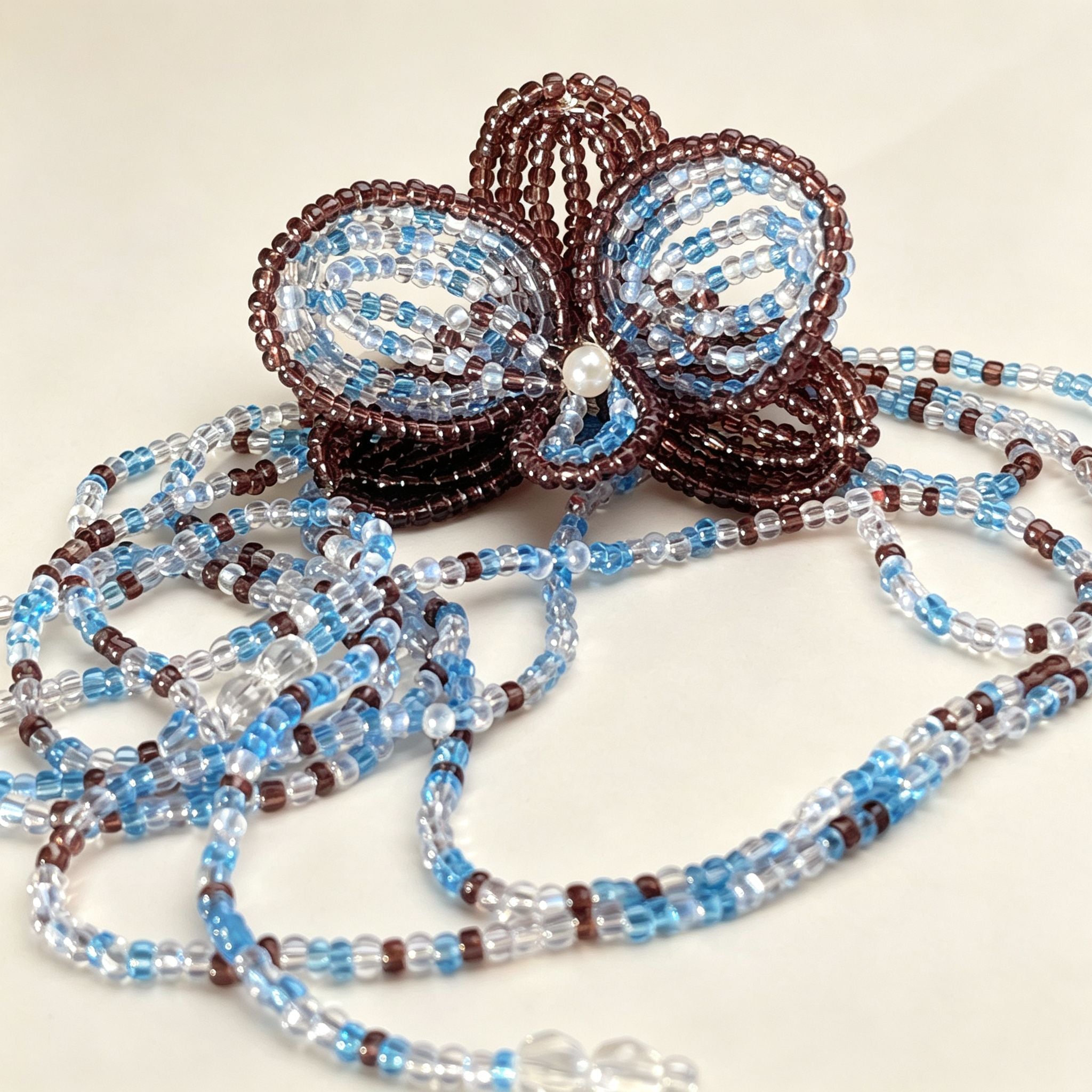 Handmade 3D Four-Petal Beaded Flower Lariat Necklace | Teal Brown Seed Bead Wearable Art