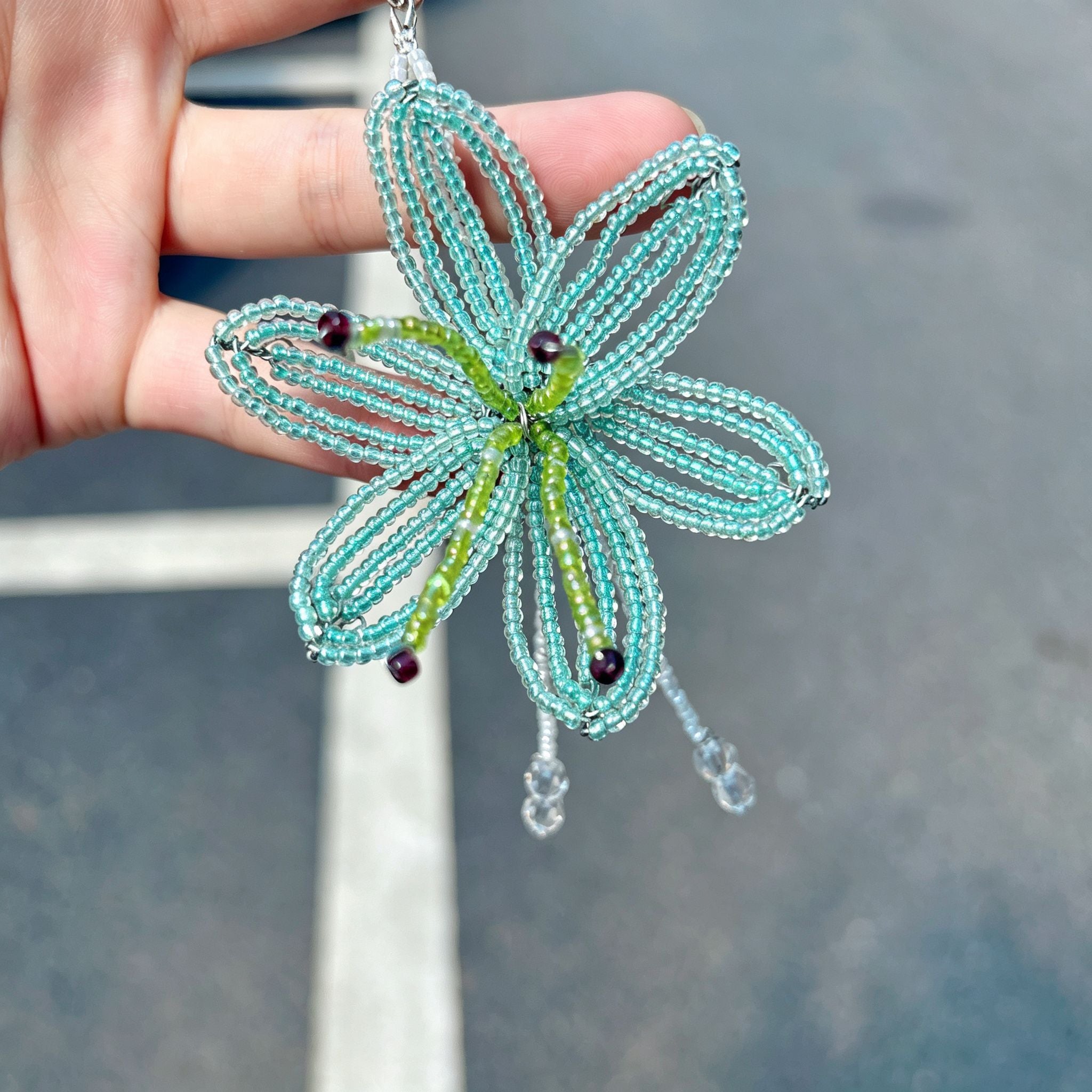 Handmade 3D Mint Green Transparent Lily Flower Beaded Keychain | Crystal Drop Tassel Fairycore Bag Charm
