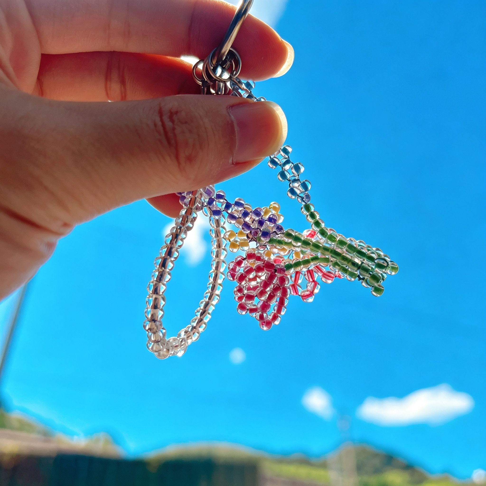 Handmade 3D Colorful Tulip Flower Bouquet Beaded Keychain | Pink Purple Yellow Green Kawaii Bag Charm