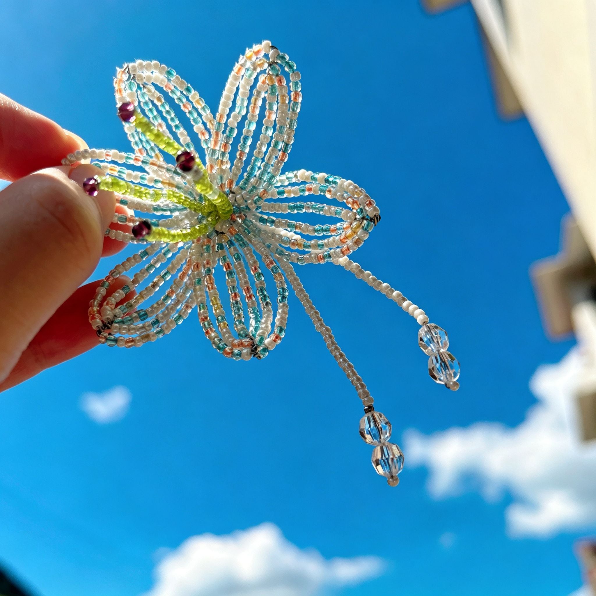 Handmade 3D White & Blue Multicolor Lily Flower Beaded Keychain | Crystal Drop Tassel Fairycore Bag Charm