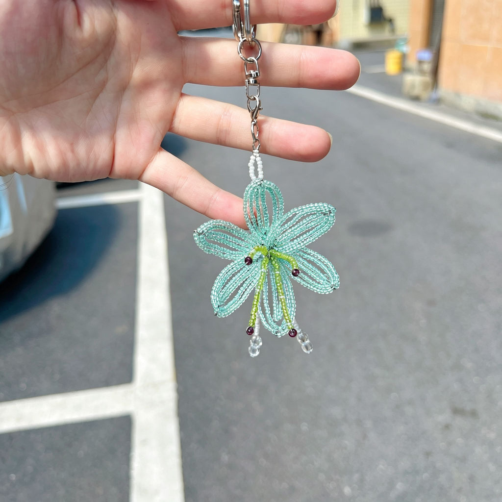 Handmade 3D Mint Green Transparent Lily Flower Beaded Keychain | Crystal Drop Tassel Fairycore Bag Charm