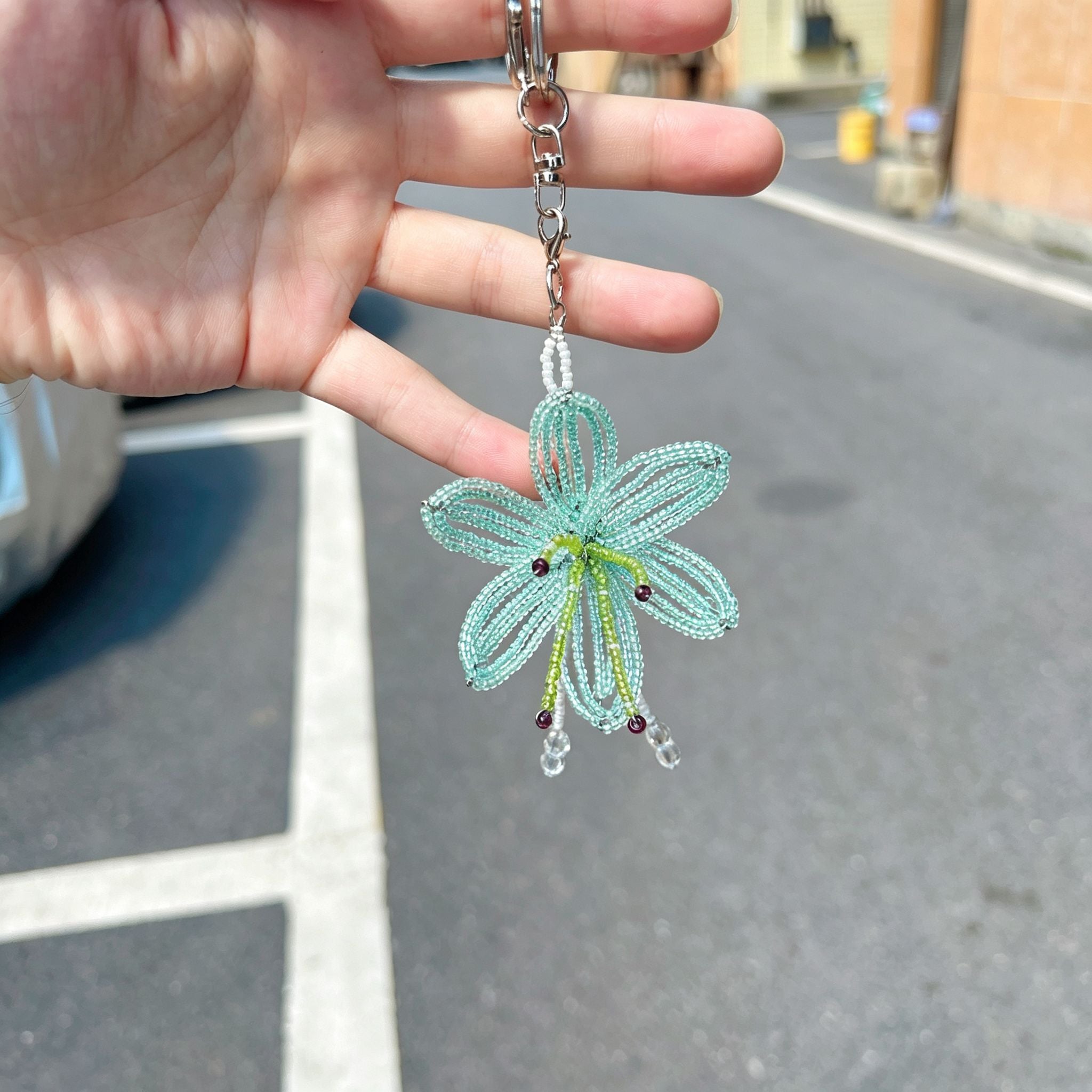 Handmade 3D Mint Green Transparent Lily Flower Beaded Keychain | Crystal Drop Tassel Fairycore Bag Charm