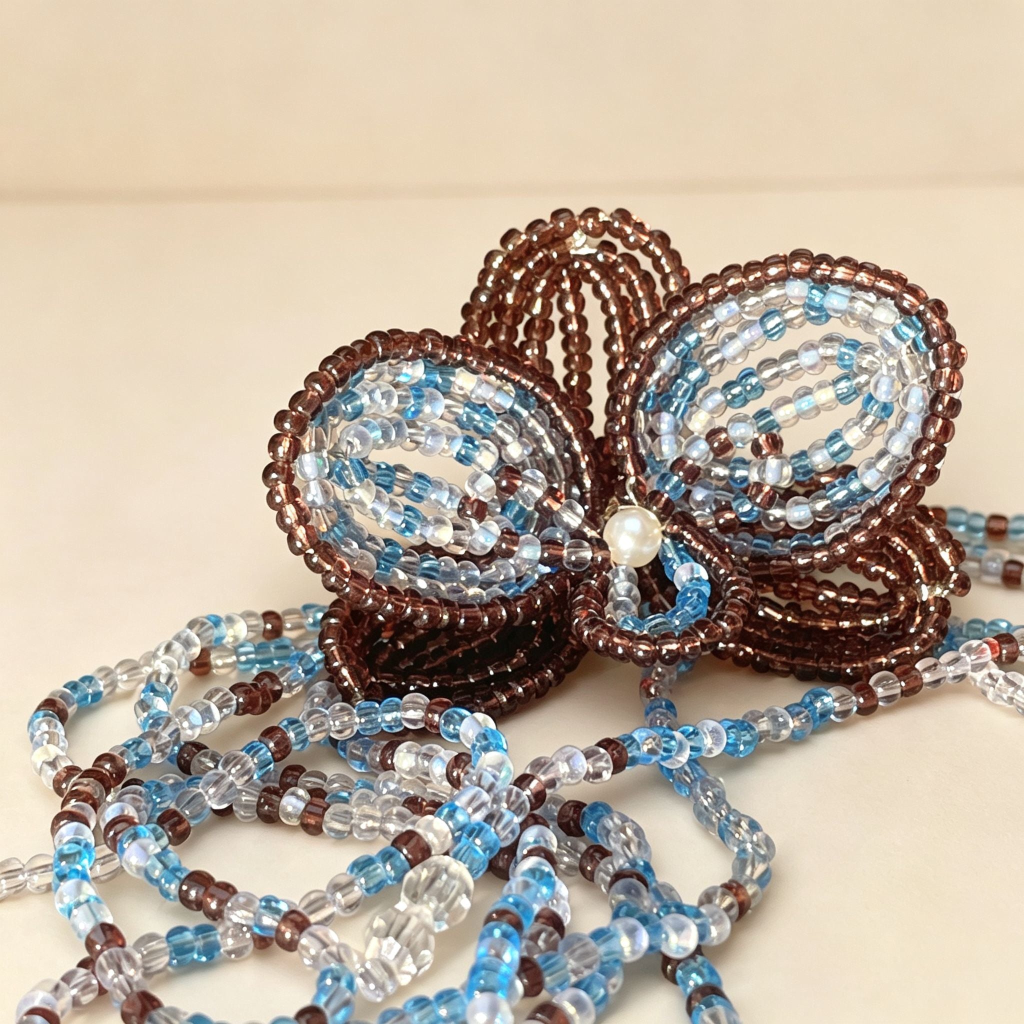 Handmade 3D Four-Petal Beaded Flower Lariat Necklace | Teal Brown Seed Bead Wearable Art