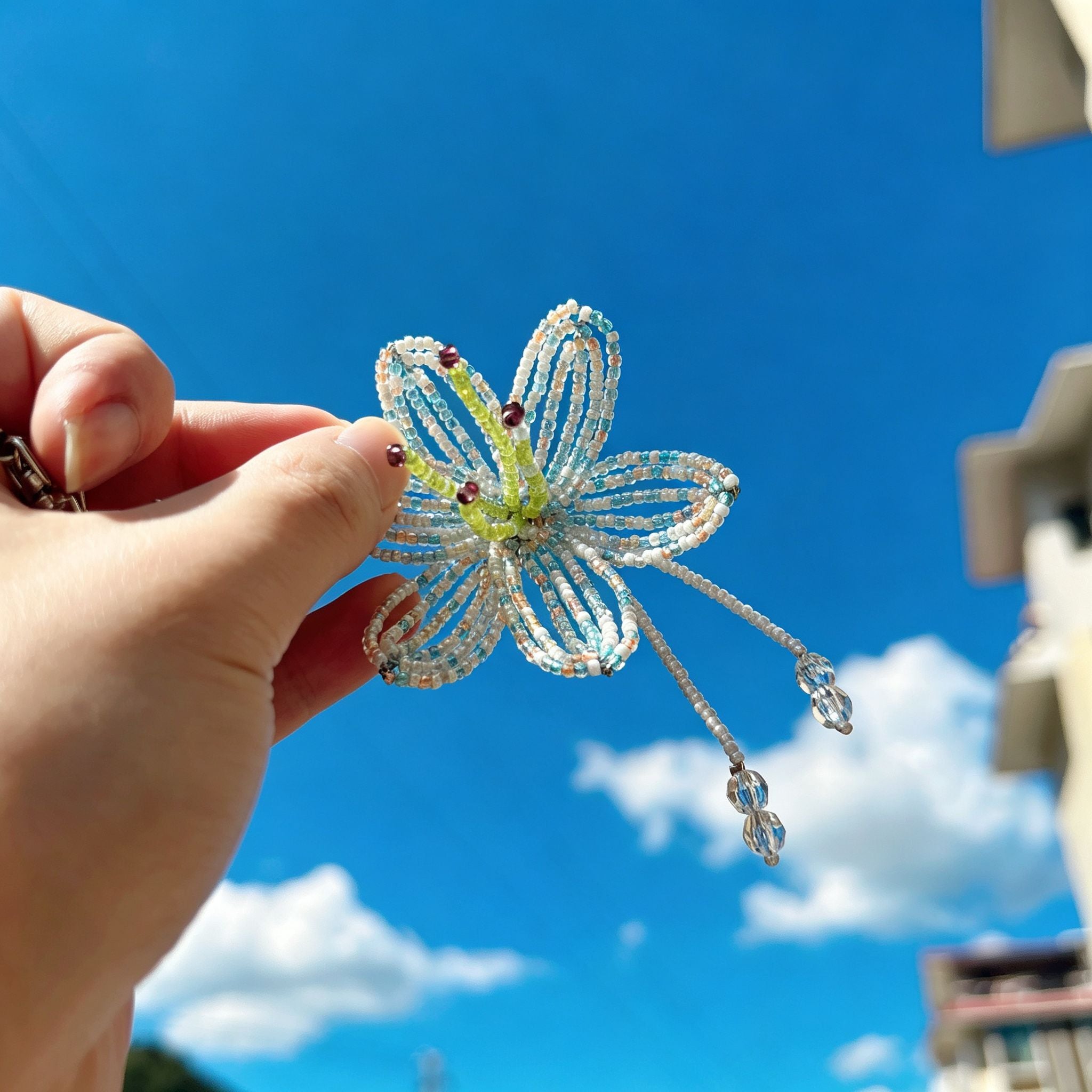 Handmade 3D White & Blue Multicolor Lily Flower Beaded Keychain | Crystal Drop Tassel Fairycore Bag Charm