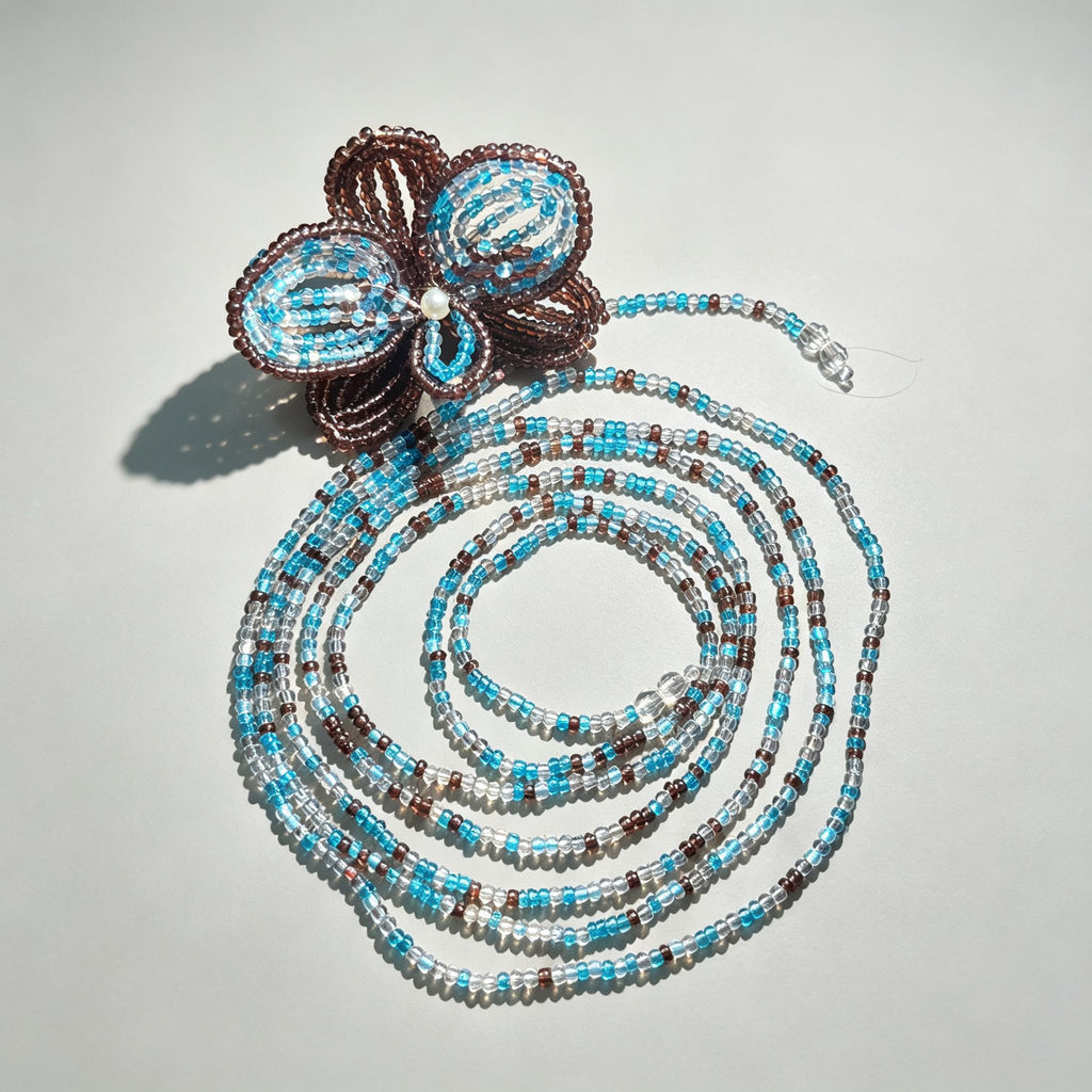 Handmade 3D Four-Petal Beaded Flower Lariat Necklace | Teal Brown Seed Bead Wearable Art