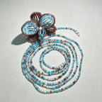 Handmade 3D Four-Petal Beaded Flower Lariat Necklace | Teal Brown Seed Bead Wearable Art
