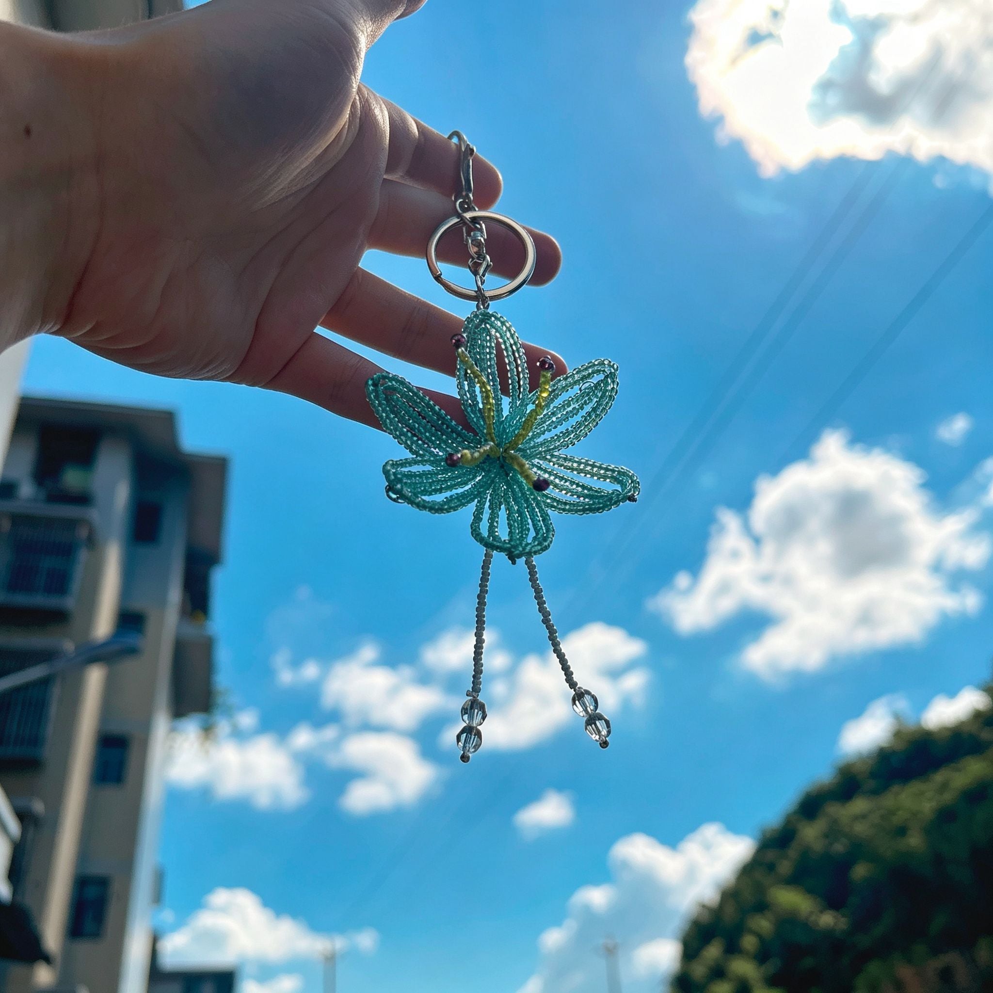 Handmade 3D Mint Green Transparent Lily Flower Beaded Keychain | Crystal Drop Tassel Fairycore Bag Charm