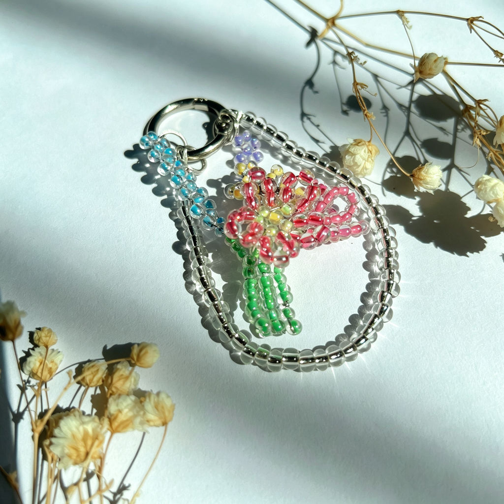 Handmade 3D Colorful Tulip Flower Bouquet Beaded Keychain | Pink Purple Yellow Green Kawaii Bag Charm