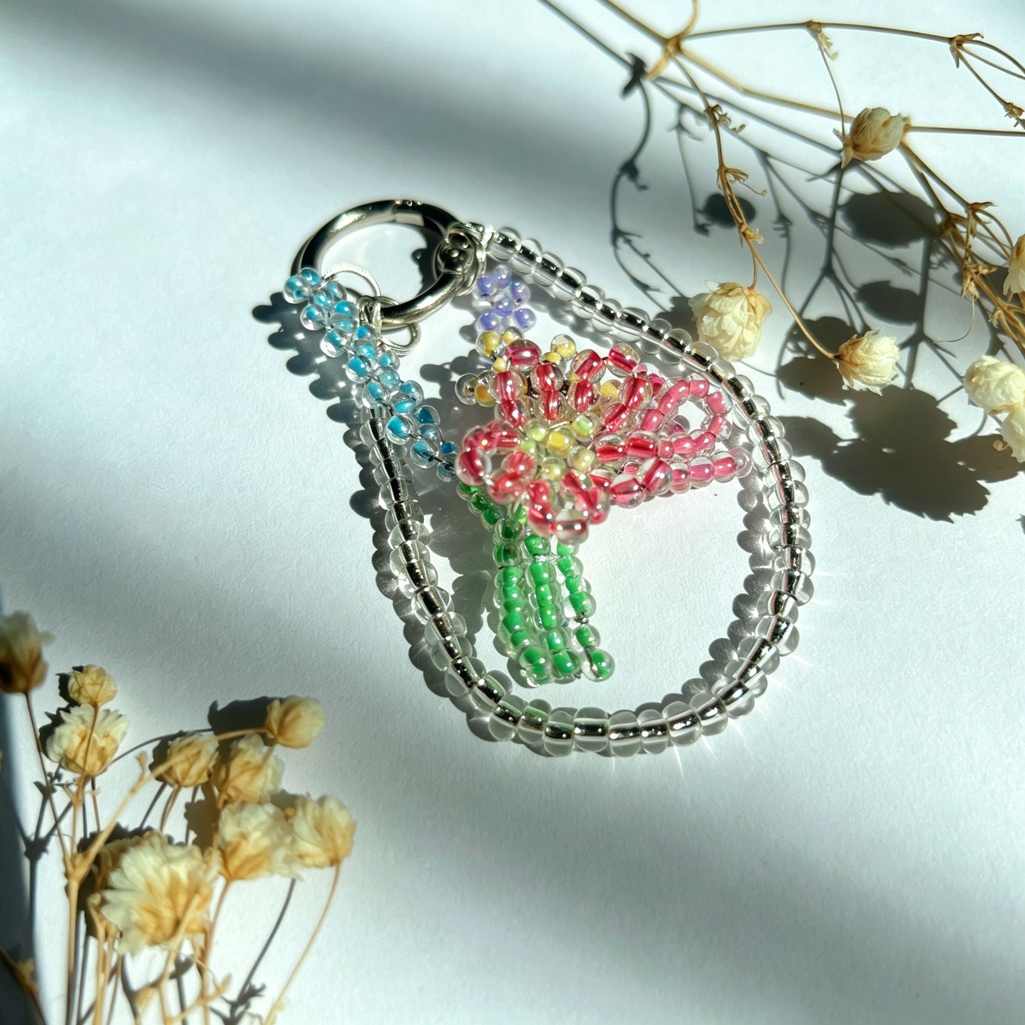 Handmade 3D Colorful Tulip Flower Bouquet Beaded Keychain | Pink Purple Yellow Green Kawaii Bag Charm